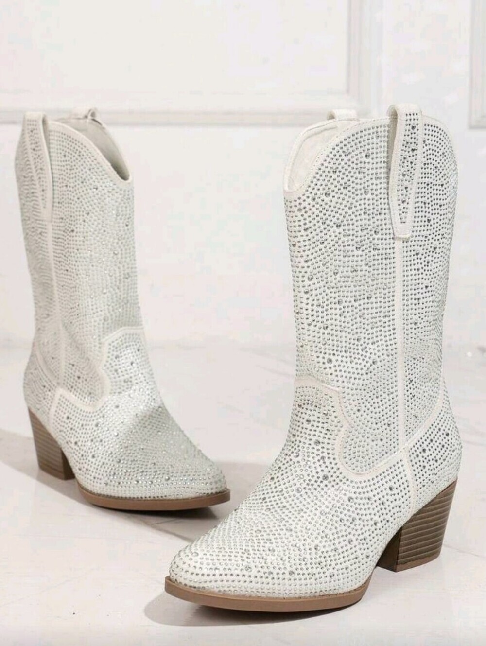 Black/White Rhinestone Western Boots For Women, Mid Calf Chunky Heel Pointed Toe - Picture 5 of 6